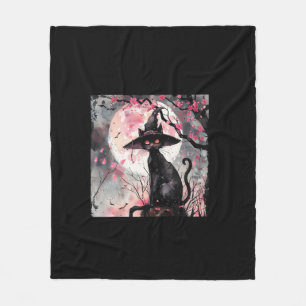Enchanting Black Cat and Witch Hat Halloween Art Fleece Blanket