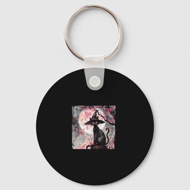 Enchanting Black Cat and Witch Hat Halloween Art  Key Ring (Front)