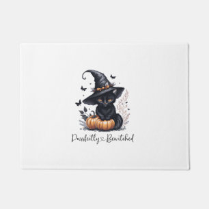 Enchanting Black Cat with Witch Hat Halloween Doormat