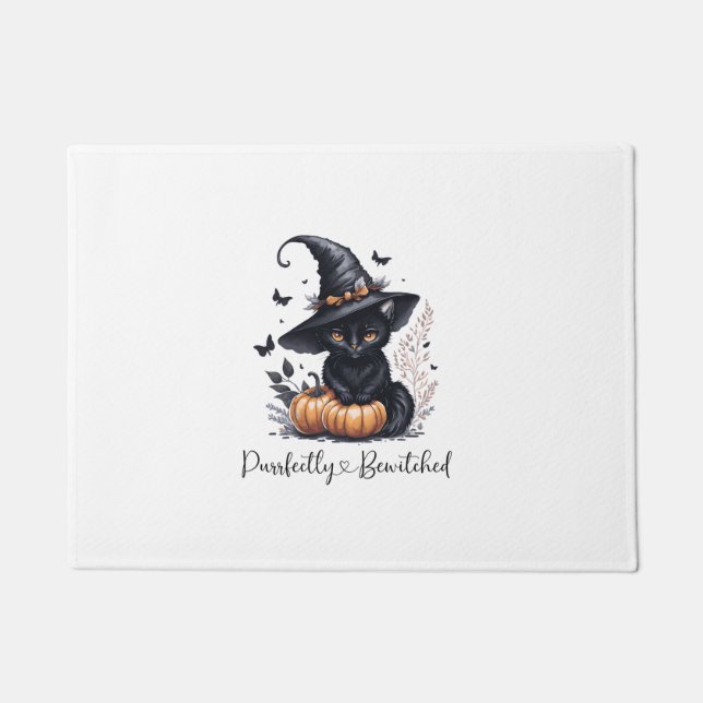 Enchanting Black Cat with Witch Hat Halloween   Doormat (Front)
