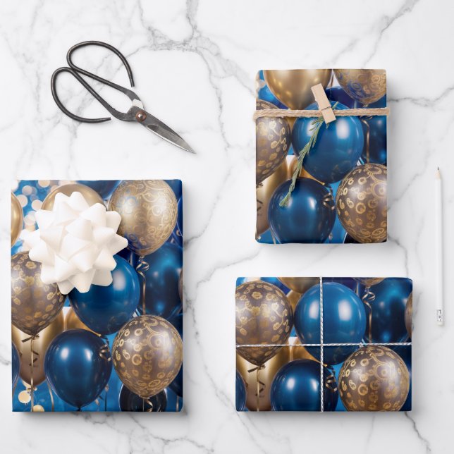 Enchanting Blue and Gold Gift Wrapping Paper  (Front)