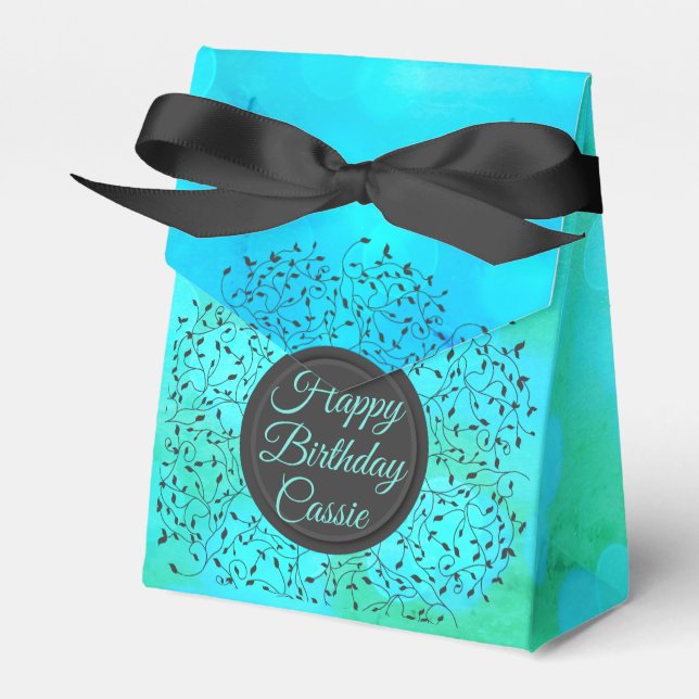 Enchanting Botanical Teal Blue Personalised Favour Box (Front Side)
