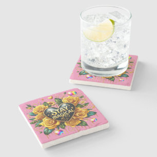 Enchanting Bouquet of Golden Roses And Heart Stone Coaster