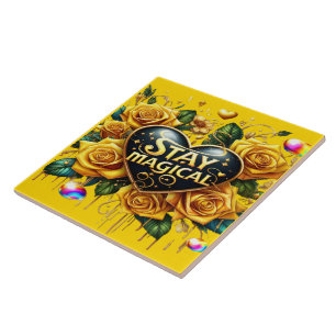 Enchanting Bouquet of Golden Roses And Heart  Tile