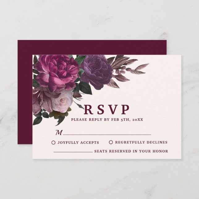 Enchanting Burgundy & Maroon Floral Winter Wedding RSVP Card (Front/Back)