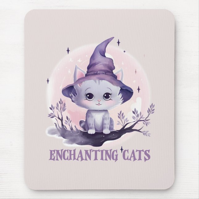 Enchanting Cat – Cute Pastel Purple Witch Cat Mouse Pad (Front)