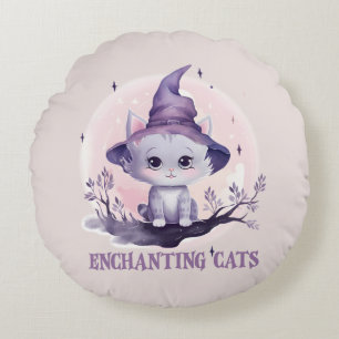 Enchanting Cat – Cute Pastel Purple Witch Cat Round Cushion