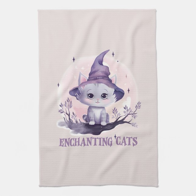 Enchanting Cat – Cute Pastel Purple Witch Cat Tea Towel (Vertical)