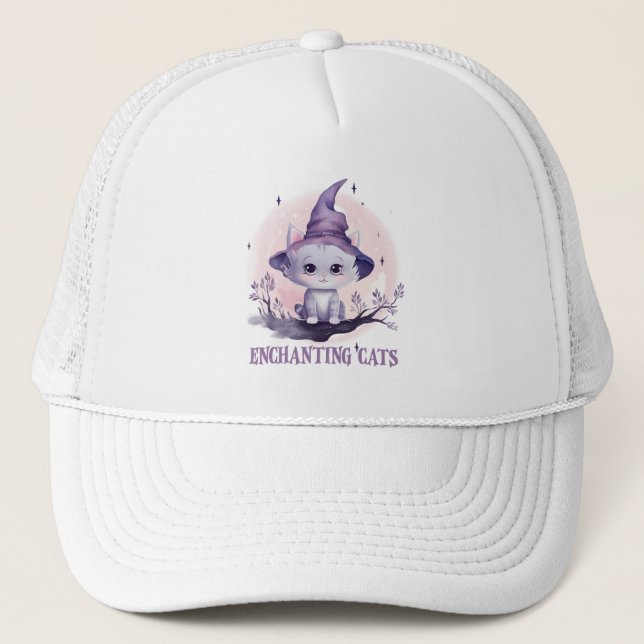 Enchanting Cat – Cute Pastel Purple Witch Cat Trucker Hat (Front)