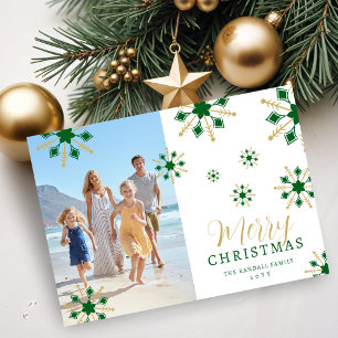 Enchanting Christmas Dark Green & Gold Snowflakes  Holiday Card