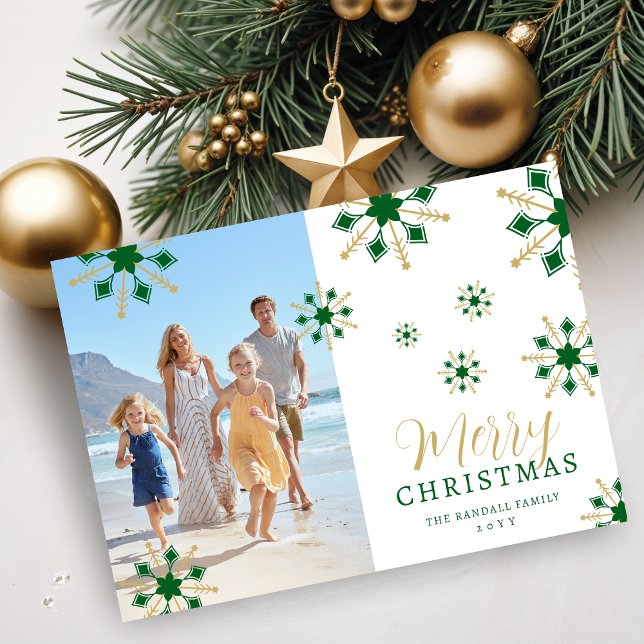 Enchanting Christmas Dark Green & Gold Snowflakes  Holiday Card (Enchanting Dark Green & Faux Gold Snowflakes Merry Christmas Holidays Cards with Family Photo.)