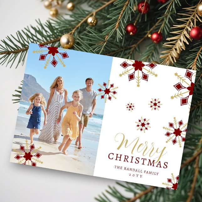 Enchanting Christmas Dark Red & Gold Snowflakes  Holiday Card (Enchanting Dark Red & Faux Gold Snowflakes Merry Christmas Holidays Cards with Family Photo.)