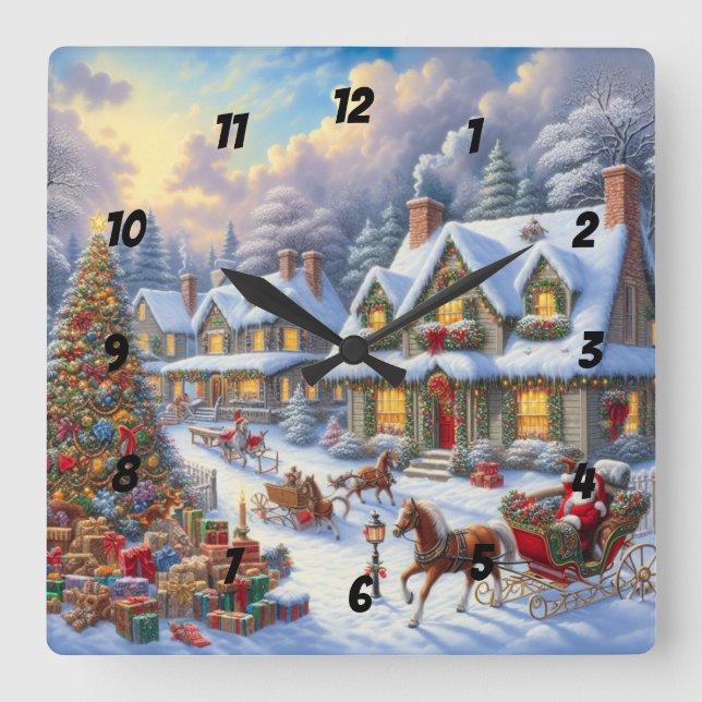 Enchanting Christmas Village Scene Square Wall Clock (Front)