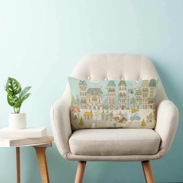 Enchanting City Scene/Characters and Houses Lumbar Cushion (Chair)