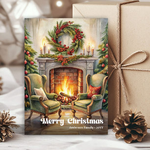 Enchanting classic festive scene with pine wreath holiday card