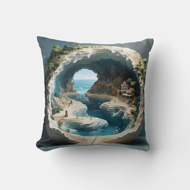 Enchanting Coastal Cove: A Captivating 3D  Cushion (Front)