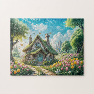 Enchanting Cottage with Tulip Garden Jigsaw Puzzle
