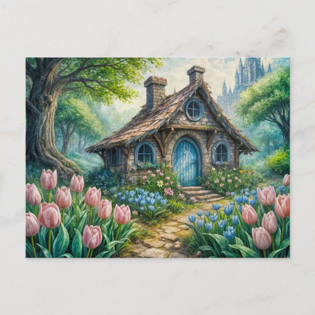 Enchanting Cottage with Tulip Garden Postcard (Front)