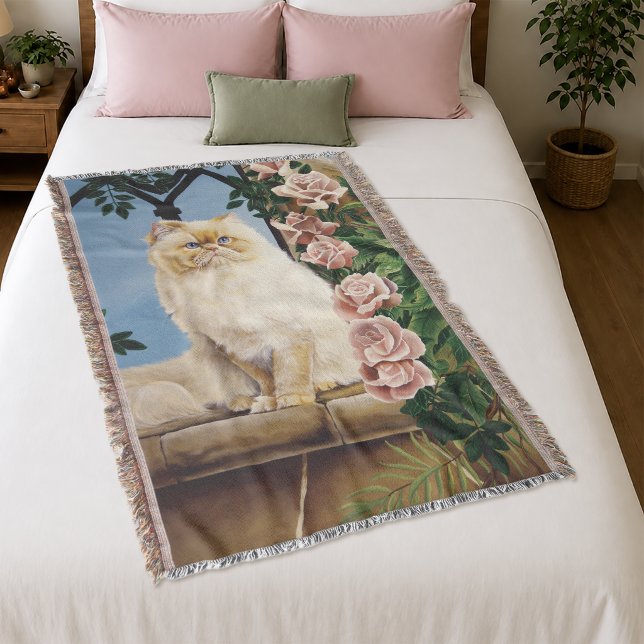 Enchanting Cream Rose Persian Cat Forest Dryad Throw Blanket (Creator Uploaded)