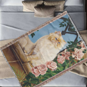 Enchanting Cream Rose Persian Cat Forest Dryad Throw Blanket