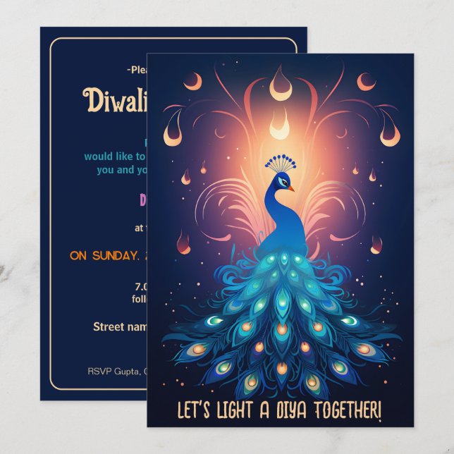 Enchanting Diwali Delight with blue Peacock🦚 Invitation (Front/Back)