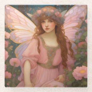 Enchanting Dreams: A Whimsical Pink Fairy Portrait Glass Coaster
