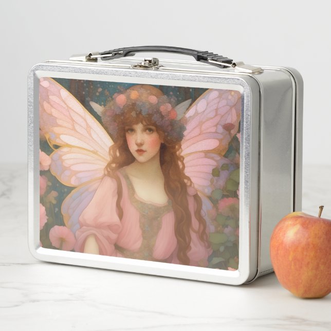 Enchanting Dreams: A Whimsical Pink Fairy Portrait Metal Lunch Box (In Situ)