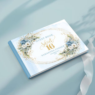 Enchanting Dusty Blue Floral Sweet 16th Guest Book