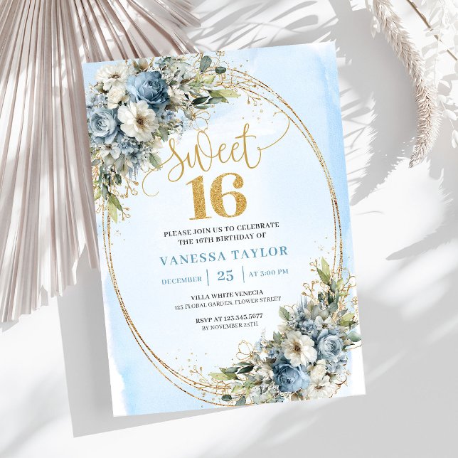 Enchanting Dusty Blue Floral Sweet Sixteen Invites (Enchanting Dusty Blue Floral Sweet Sixteen Invitation)