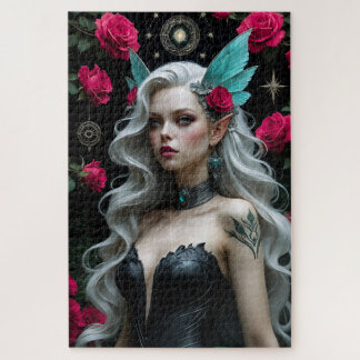 Enchanting Elf Maiden with Teal Wings and Roses  Jigsaw Puzzle