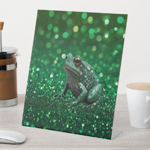 Enchanting Emergence: The Green Sparkle Frog  Pedestal Sign