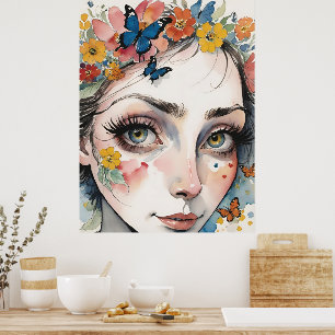 Enchanting Eyes Amidst Butterflies & Blooms Poster