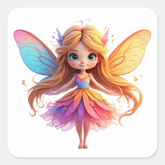 Enchanting Fantasy Fairy with Colourful Wings Square Sticker (Front)