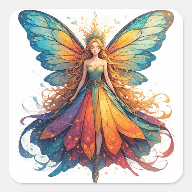 Enchanting Fantasy Fairy with Colourful Wings Square Sticker (Front)