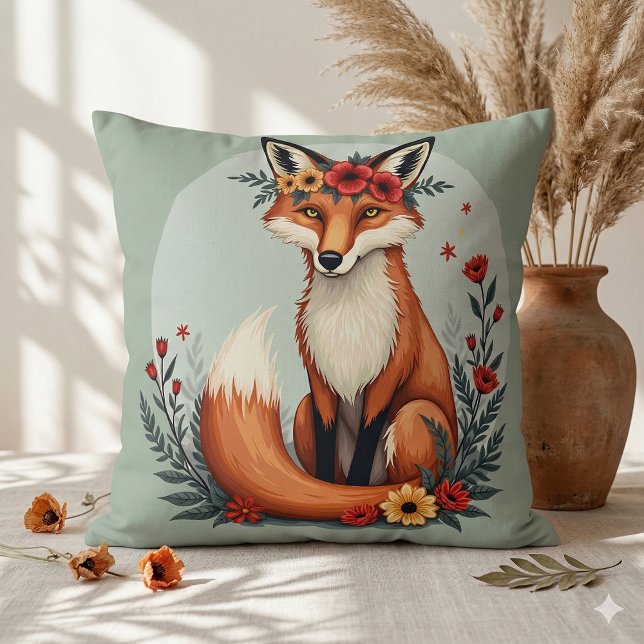 Enchanting Floral Fox Woodland Folk Art Cushion (Enchanting Floral Fox Woodland Folk Art Throw Pillow Mockup A)