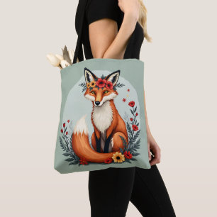 Enchanting Floral Fox Woodland Folk Art Tote Bag