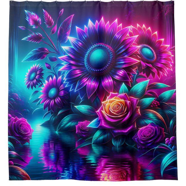 “Enchanting Floral Stream Reflection Art” Shower Curtain (Front)