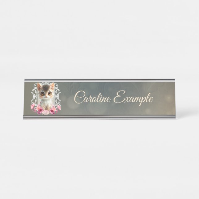 Enchanting, fluffy kitten  desk name plate (Front)