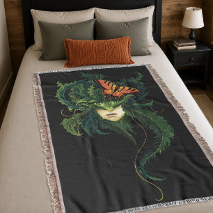 Enchanting Forest Dryad Woman Butterfly Fantasy Throw Blanket