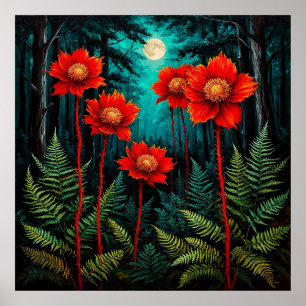 Enchanting Forest Scene with Vibrant Red Flowers Poster