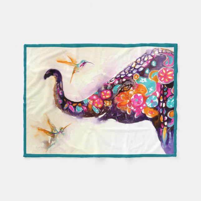 "Enchanting Friends" Hummingbird & Elephant Fleece Blanket (Front (Horizontal))