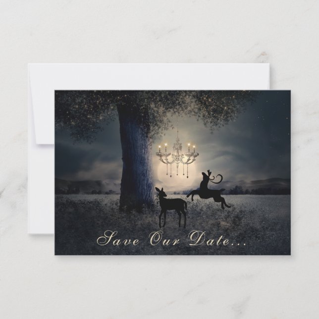 Enchanting Full Moon, Deer, Scenic Lake Wedding Save The Date (Front)