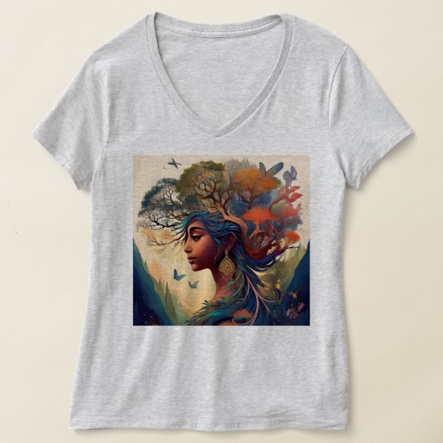 Enchanting Girl of the Wild: Nature and Spirit Art T-Shirt (Laydown)
