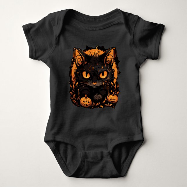 Enchanting Halloween: Black Cat Among Pumpkins Baby Bodysuit (Front)