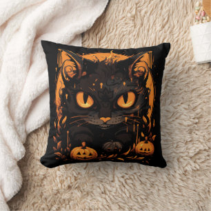 Enchanting Halloween: Black Cat Among Pumpkins Cushion