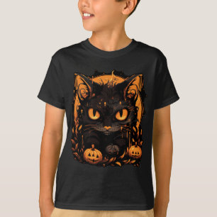 Enchanting Halloween: Black Cat Among Pumpkins T-Shirt