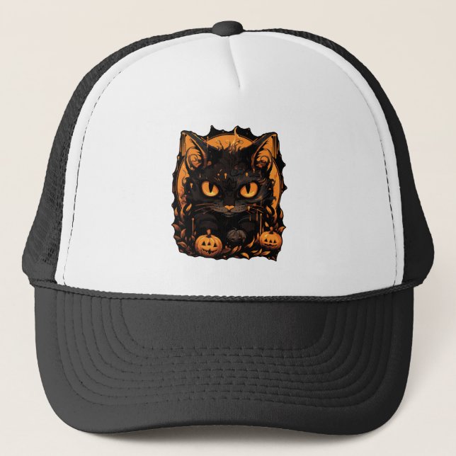 Enchanting Halloween: Black Cat Among Pumpkins Trucker Hat (Front)