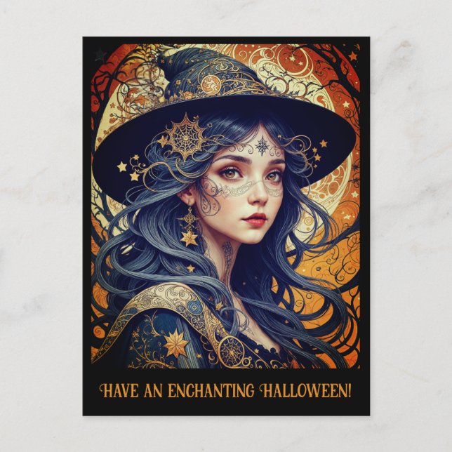 Enchanting Halloween Witch Greeting Postcard (Front)