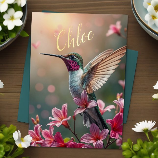 Enchanting Hummingbird Birthday Spring Flowers Foil Greeting Card (Hummingbird floral wildlife birthday card, elegant nature art with pink flowers & name in gold foil.)