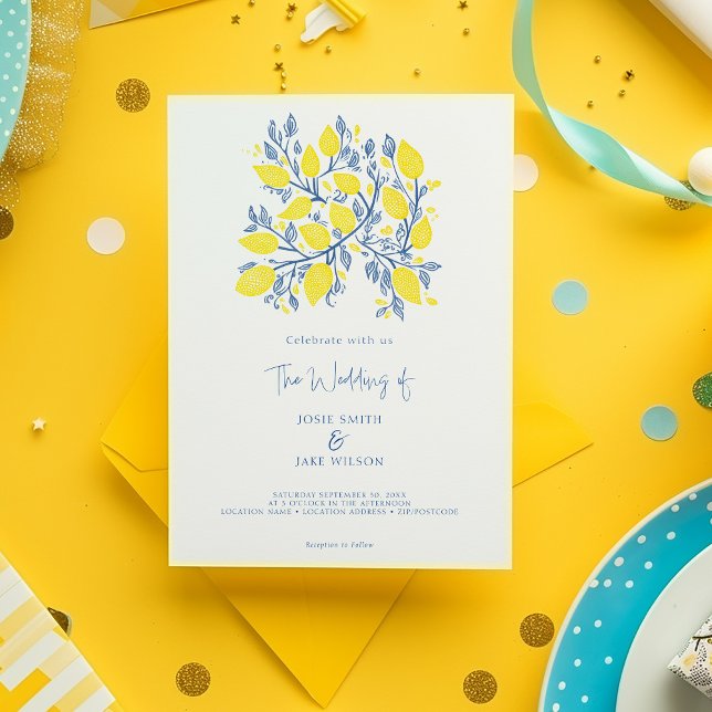 Enchanting Lemon Vine Wedding Invitation (Bright yellow and blue delightful lemon branch illustration wedding invitation.)